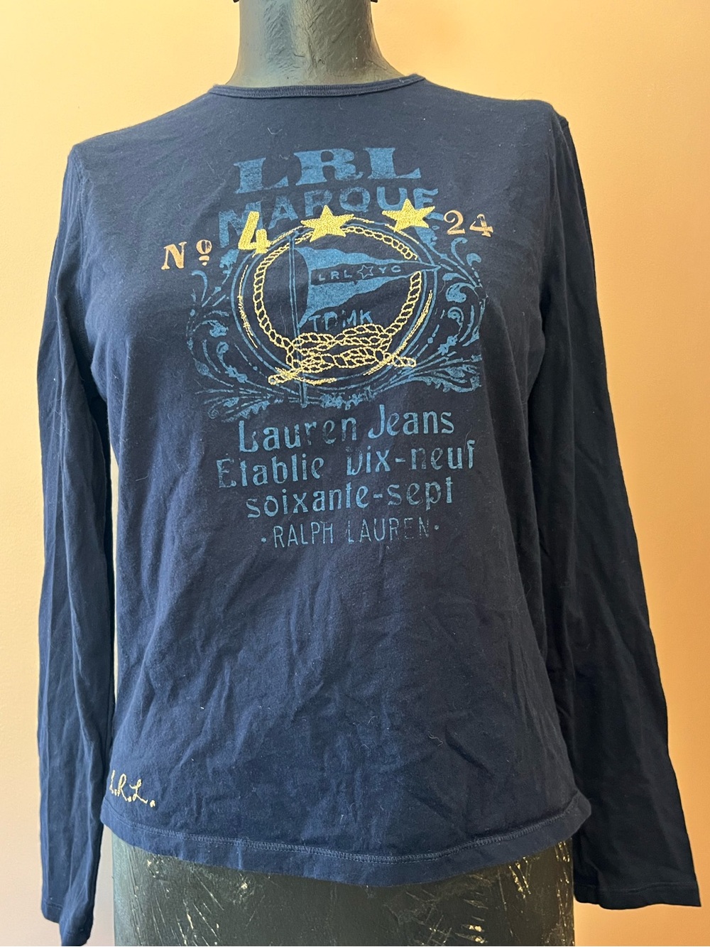Ralph Lauren Jeans Co. Gold Embroidered Nautical Navy Cotton Long Sleeve Size PM
